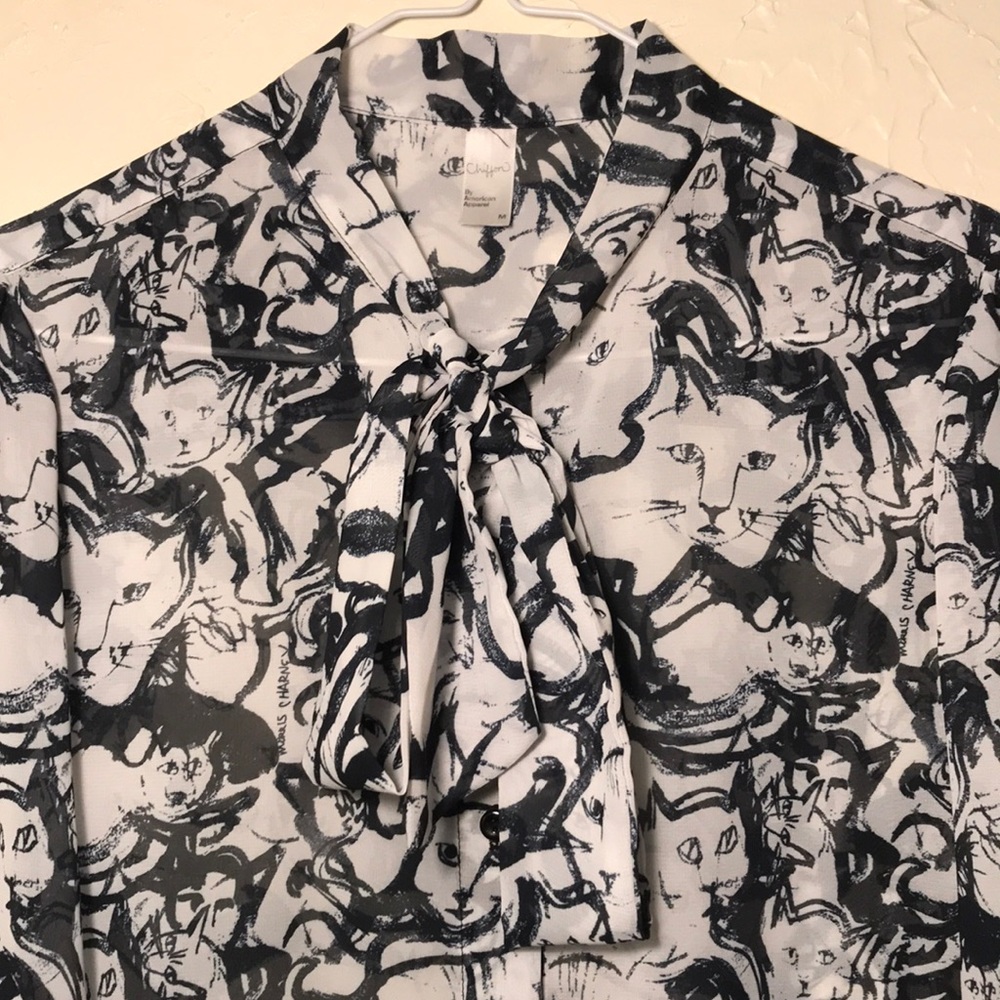 Cat Print Chiffon Blouse - American Apparel